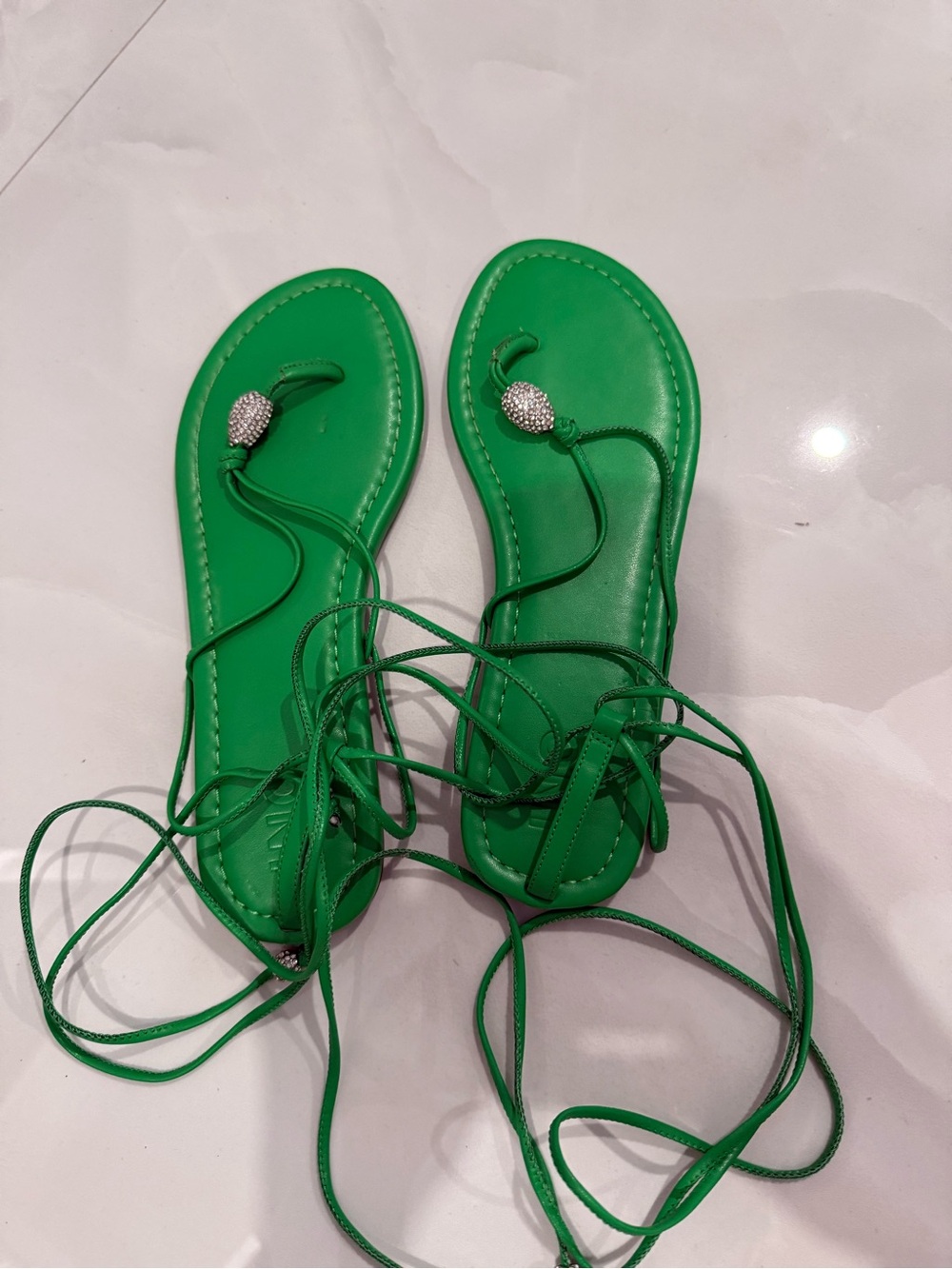 INC International Concepts Green Lace-Up Rhinestone Thong Sandals